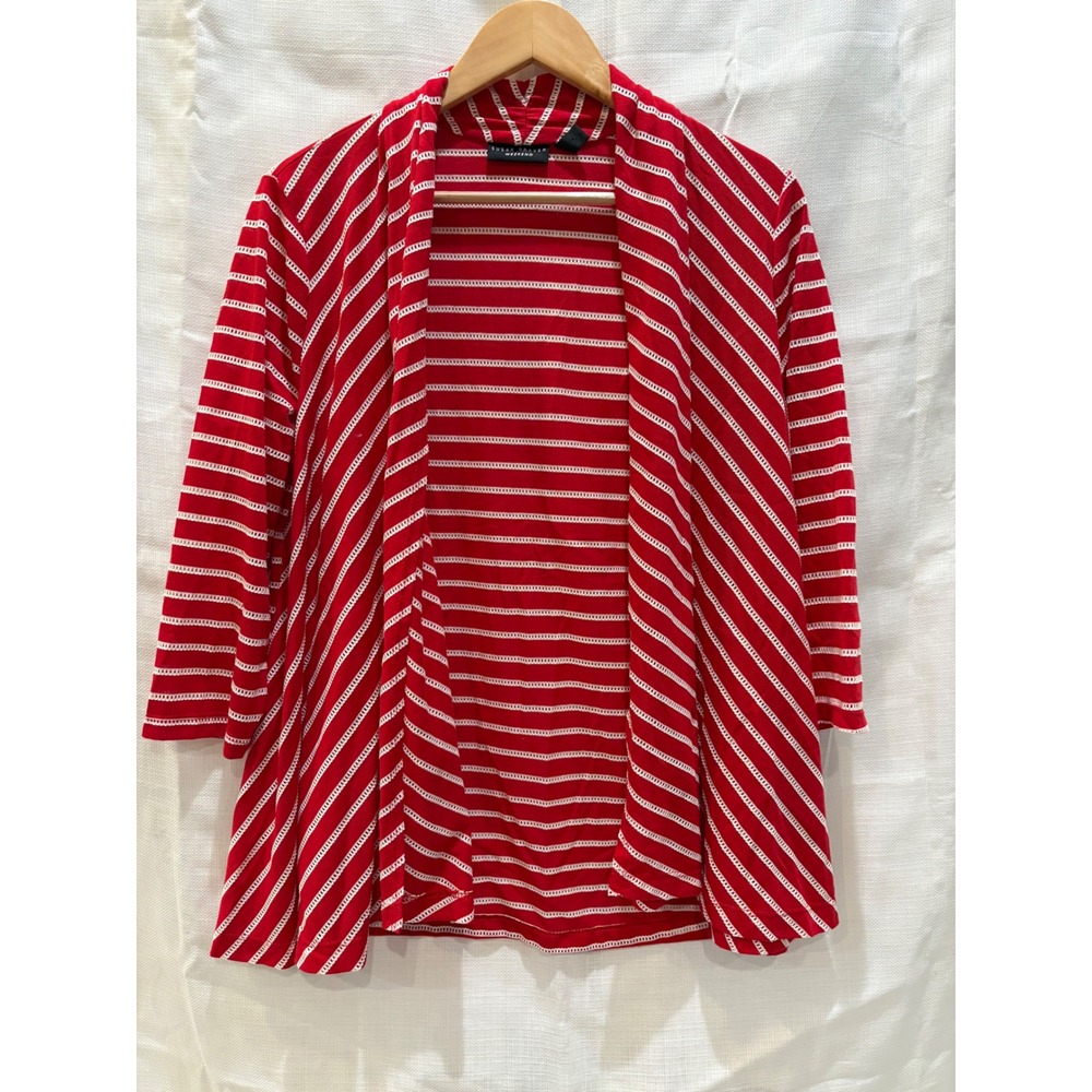 Susan Graver Weekend Red White Striped Open Front Cardigan Medium